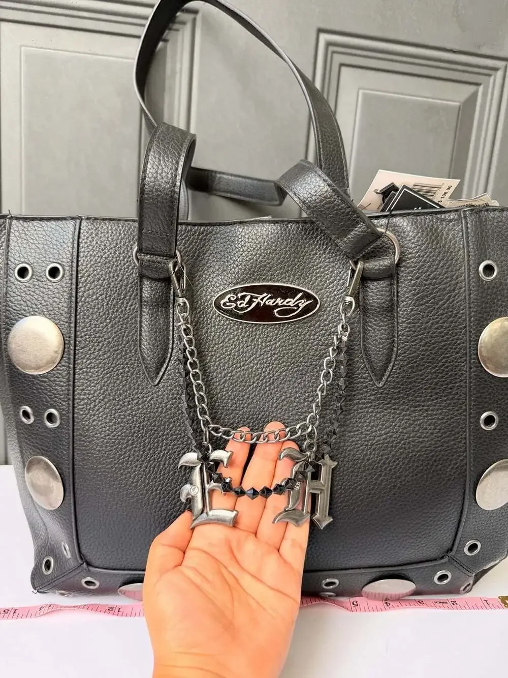 Ed Hardy Studded Tote Shoulder Bag with Chain Charm Gothic Logo Black